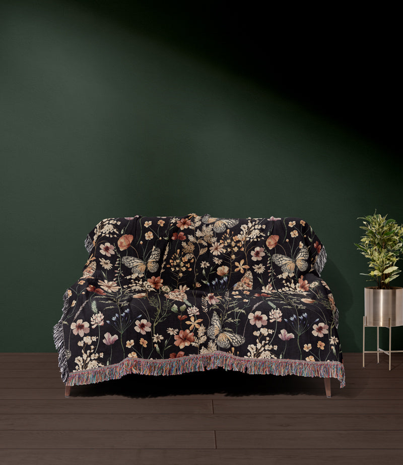 Dark cottagecore floral throw blanket for maximalist decor