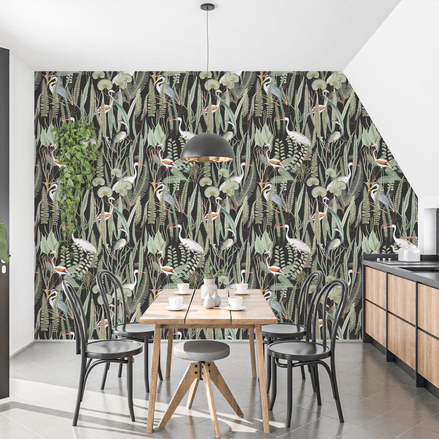 Enrich your kitchen with a touch of natural beauty and sophistication with our black background heron and botanical wallpaper. The rich black backdrop complements the sleek wooden cabinets and black accents, creating a modern and inviting ambiance. The intricate floral patterns and majestic herons add a touch of organic charm, transforming your kitchen into a visually captivating space.
