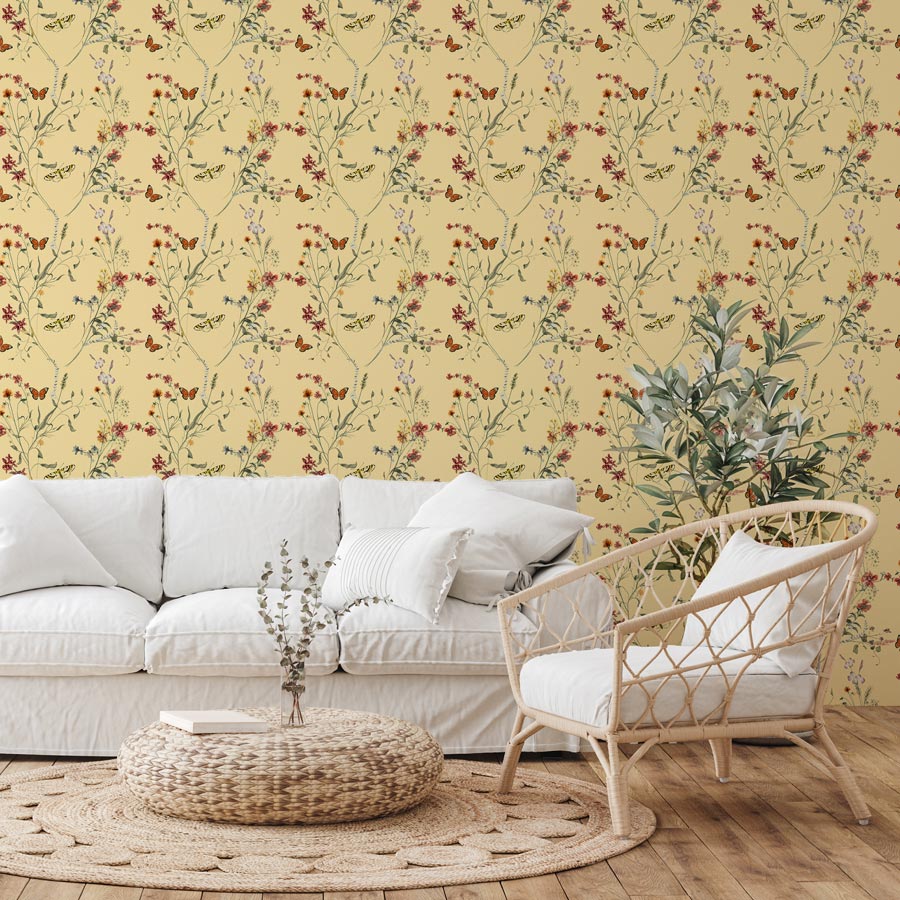 yellow botanical peel and stick wallpaper