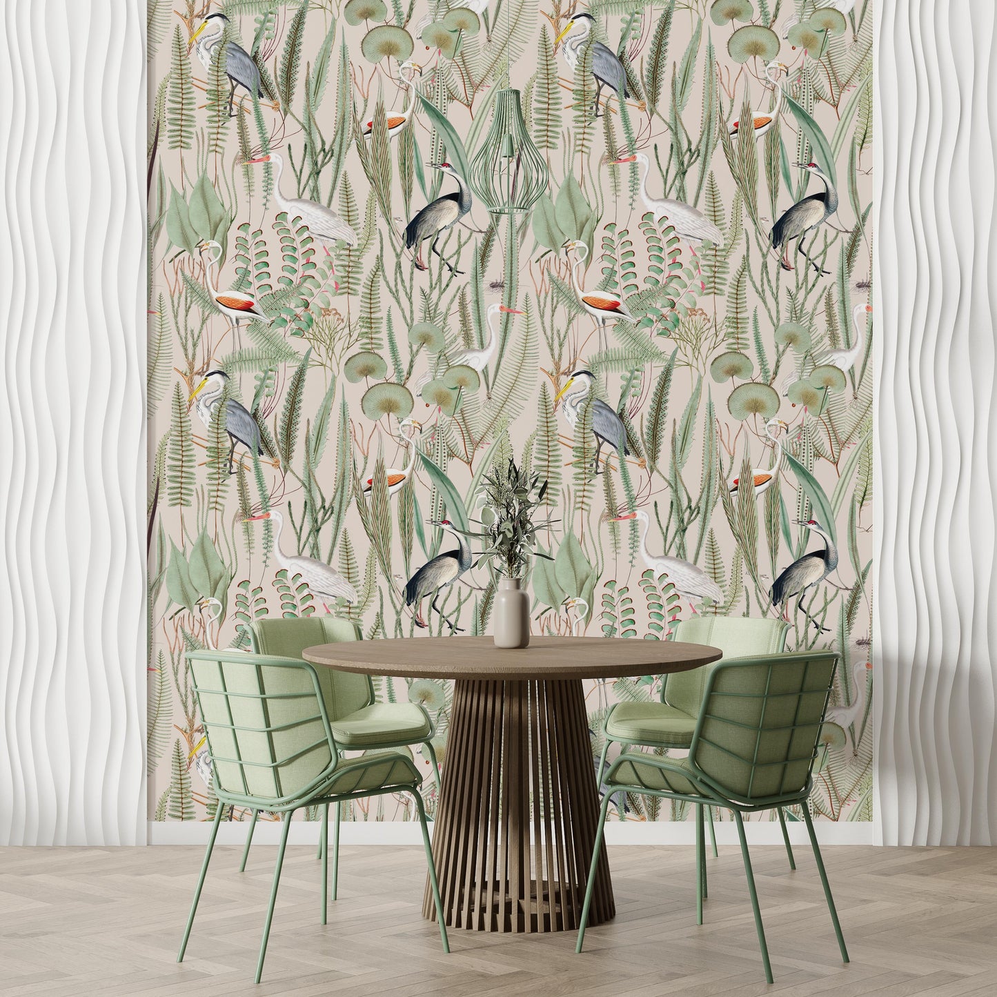 Enrich your dining room with a touch of nature's charm with our captivating pink botanical crane peel-and-stick accent wallpaper. This statement piece features graceful herons amidst a vibrant floral tapestry, creating a visually captivating backdrop for your dining area. Complement the wallpaper's serene hues with green chairs and a wooden round table, adding a touch of warmth and sophistication to your dining experience.