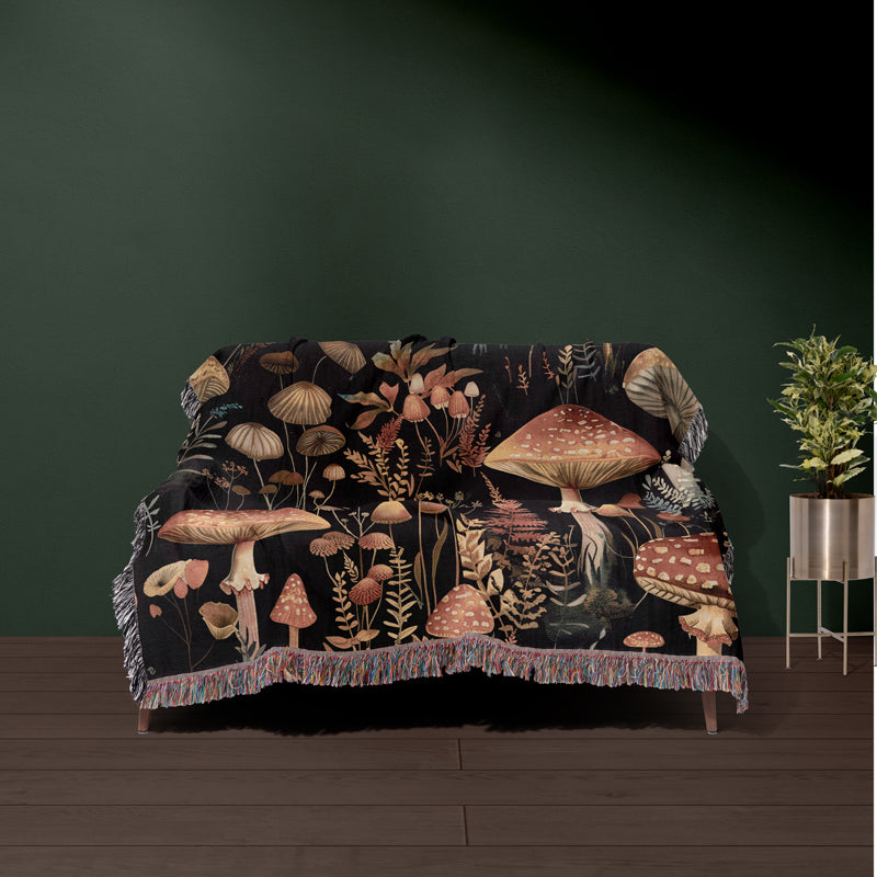 Cottagecore and dark academia blanket with mushrooms