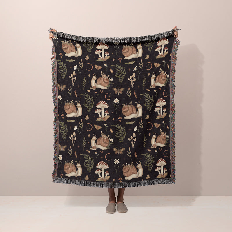 Dark academia decor throw blanket featuring mushrooms and botanical prints