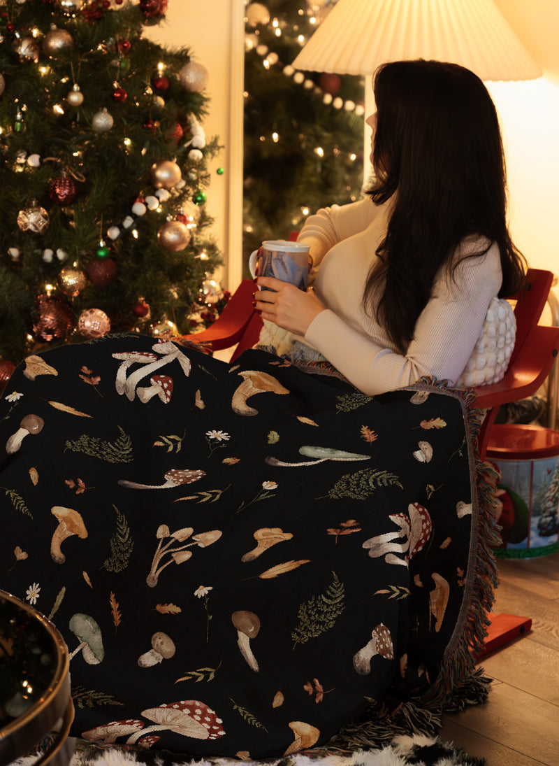 Dark academia decor throw featuring ferns and mushrooms