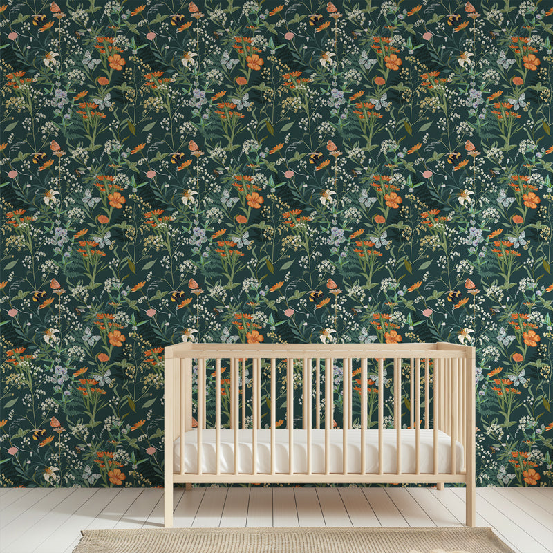 Dark Green Botanical Wallpaper – Vintage Floral Wall Mural