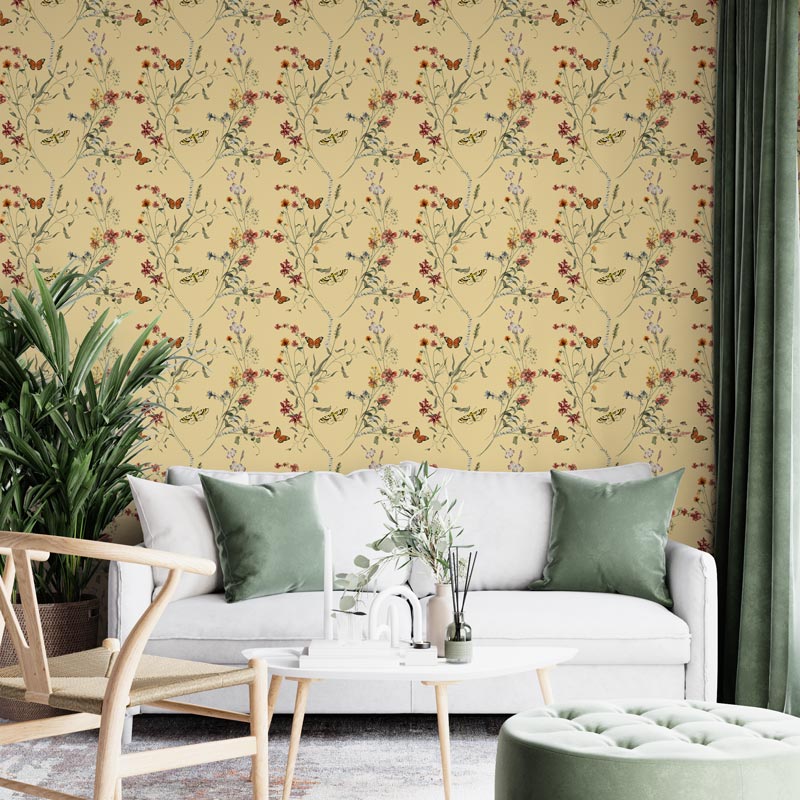 yellow botanical peel and stick wallpaper