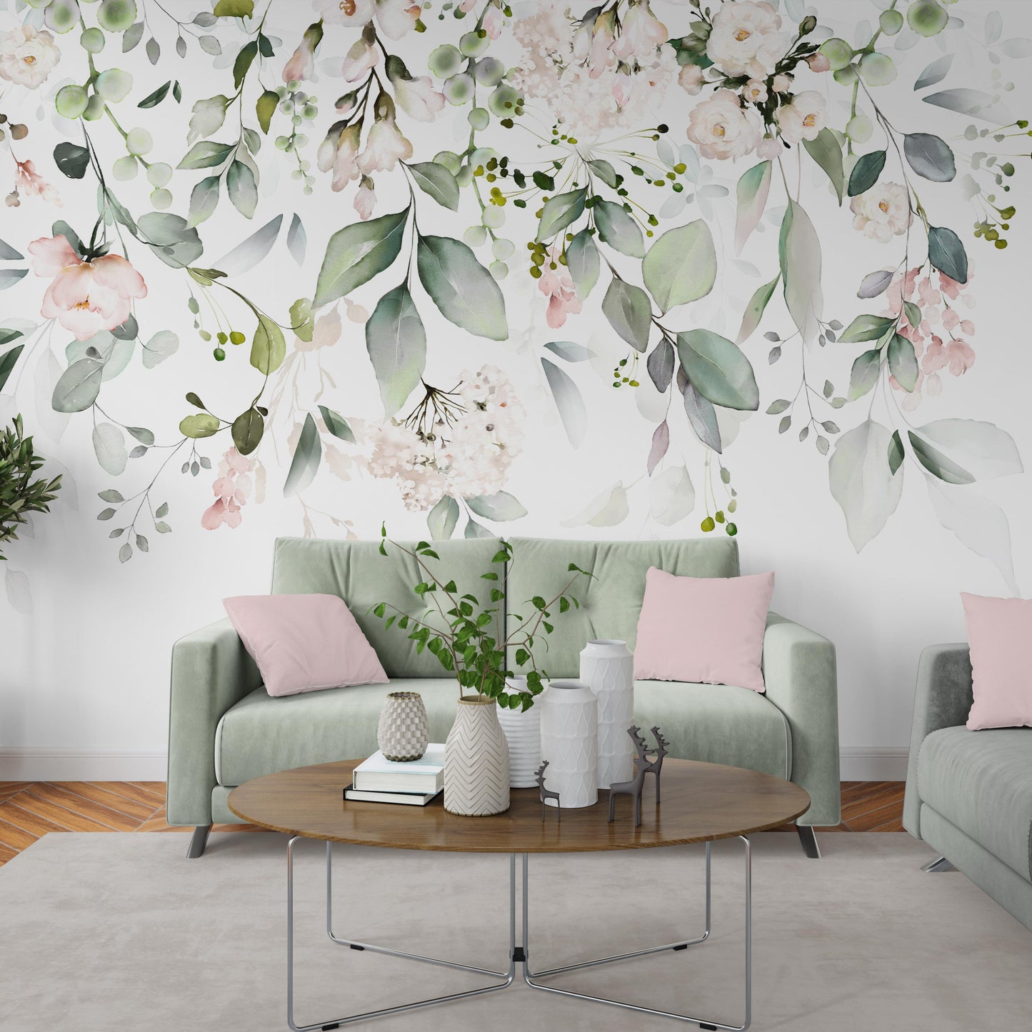Living Room with Sage Green Couch and Pale Pink Pillows:  Statement sage green botanical wallpaper harmonizes with sage green couch and pale pink pillows in living room.