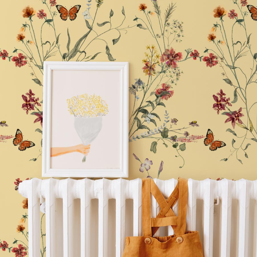 yellow botanical peel and stick wallpaper