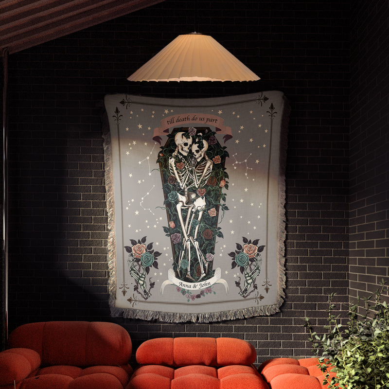 Gothic skeleton couple woven tapestry blanket