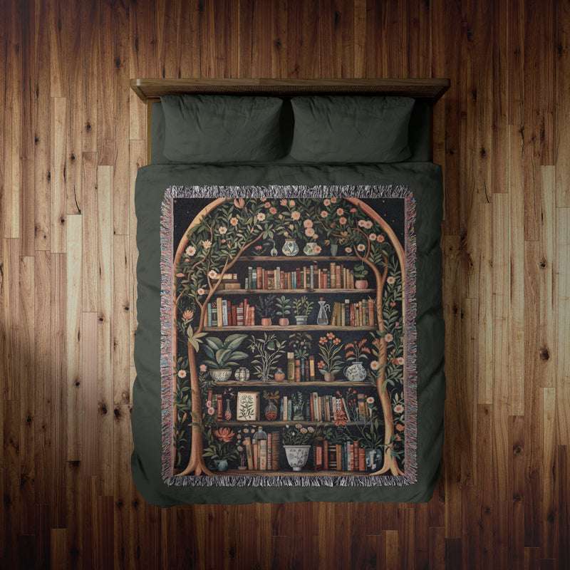 Dark Cottagecore Aesthetic Bedspread - The blanket laid out on a bed with dark, moody decor.