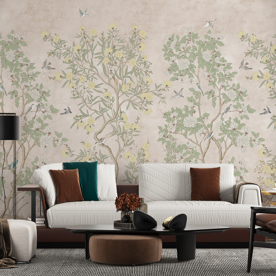 Chinoiserie Peel & Stick Wallpaper – Beige Botanical Toile with Birds & Blossoms