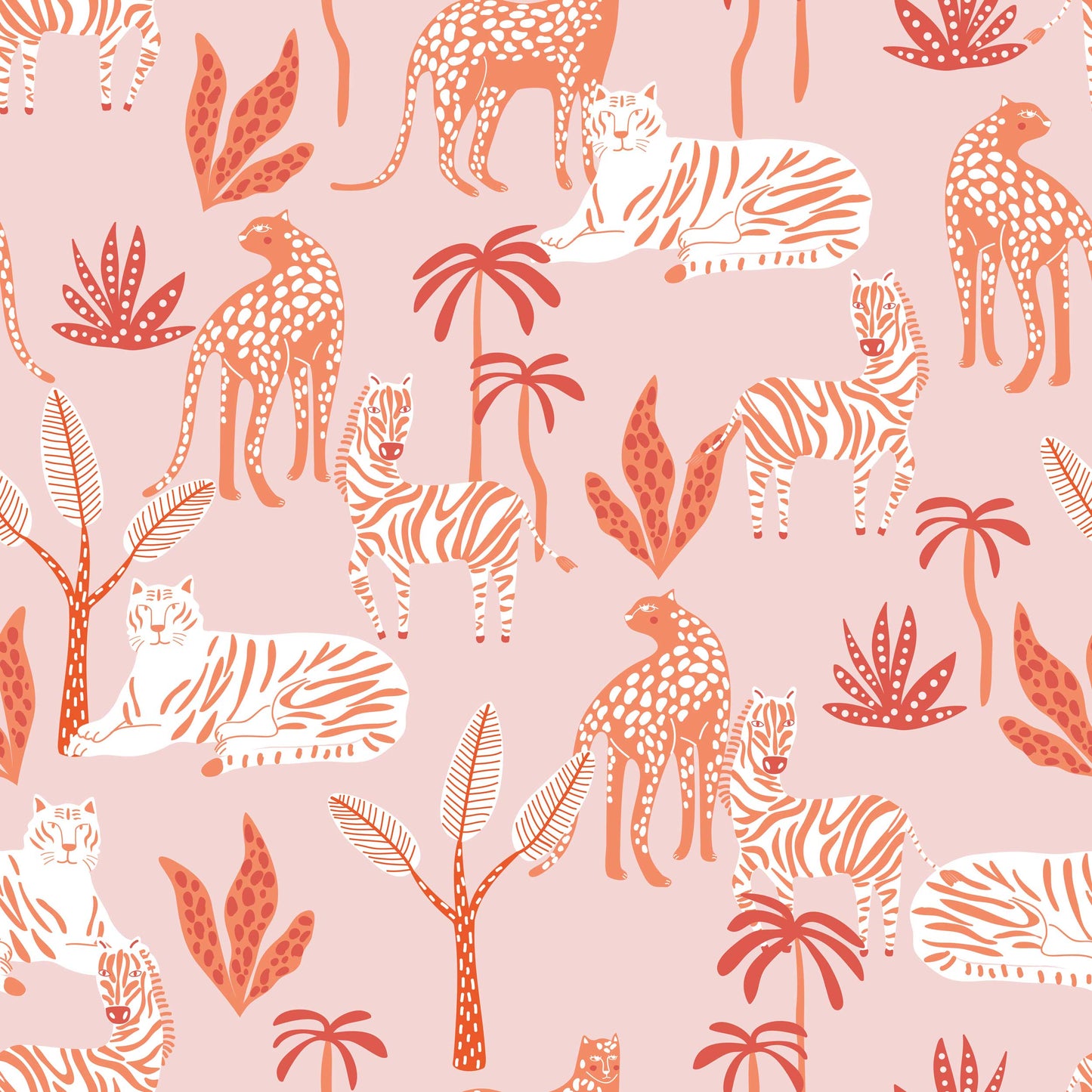 Modern pink safari peel and stick wallpaper featuring playful tigers, leopards, and tropical botanical elements.