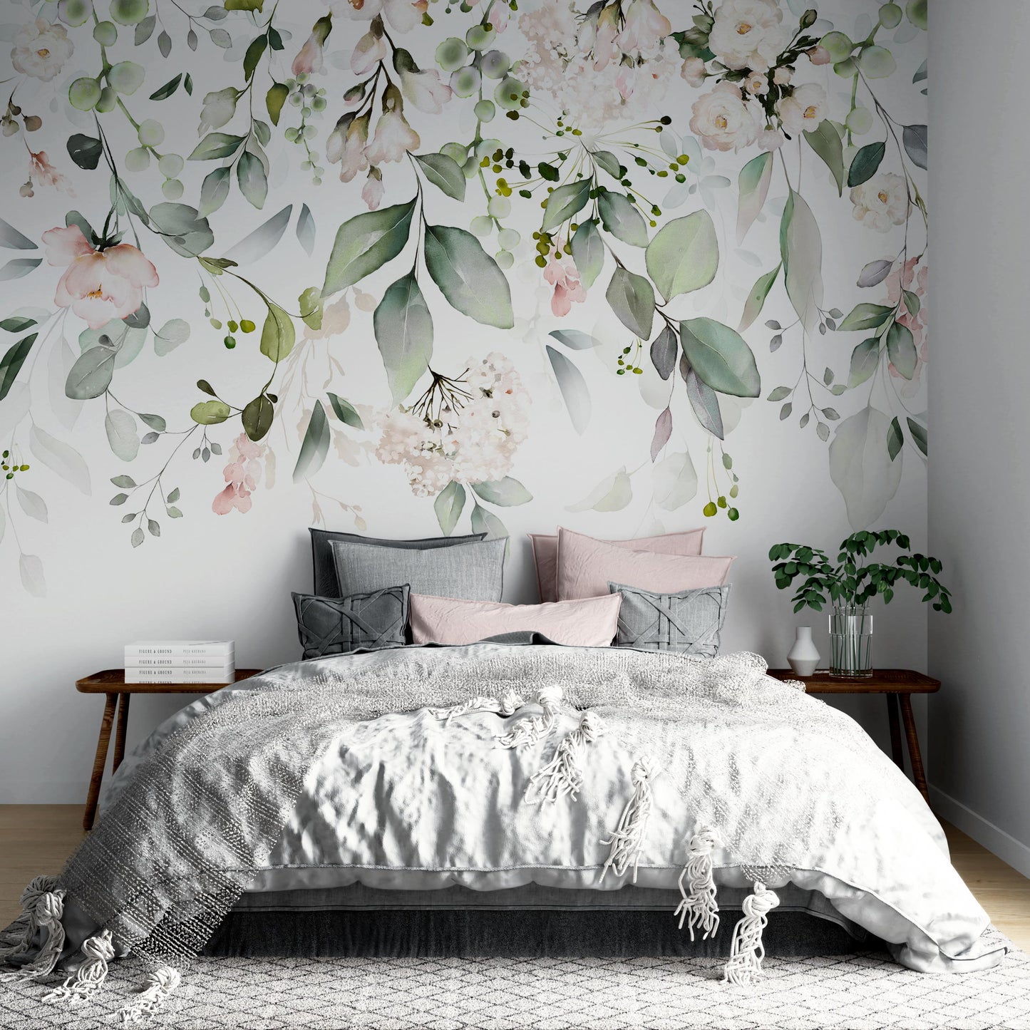 Minimalist Bedroom with Grey and Pink Accents:  Removable sage green botanical wallpaper complements grey and pink accents in minimalist bedroom.