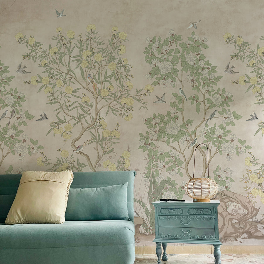 Chinoiserie Peel & Stick Wallpaper – Beige Botanical Toile with Birds & Blossoms