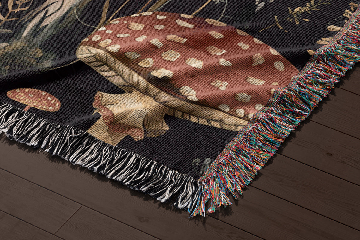 Cozy dark academia throw blanket with mushrooms and botanical elements