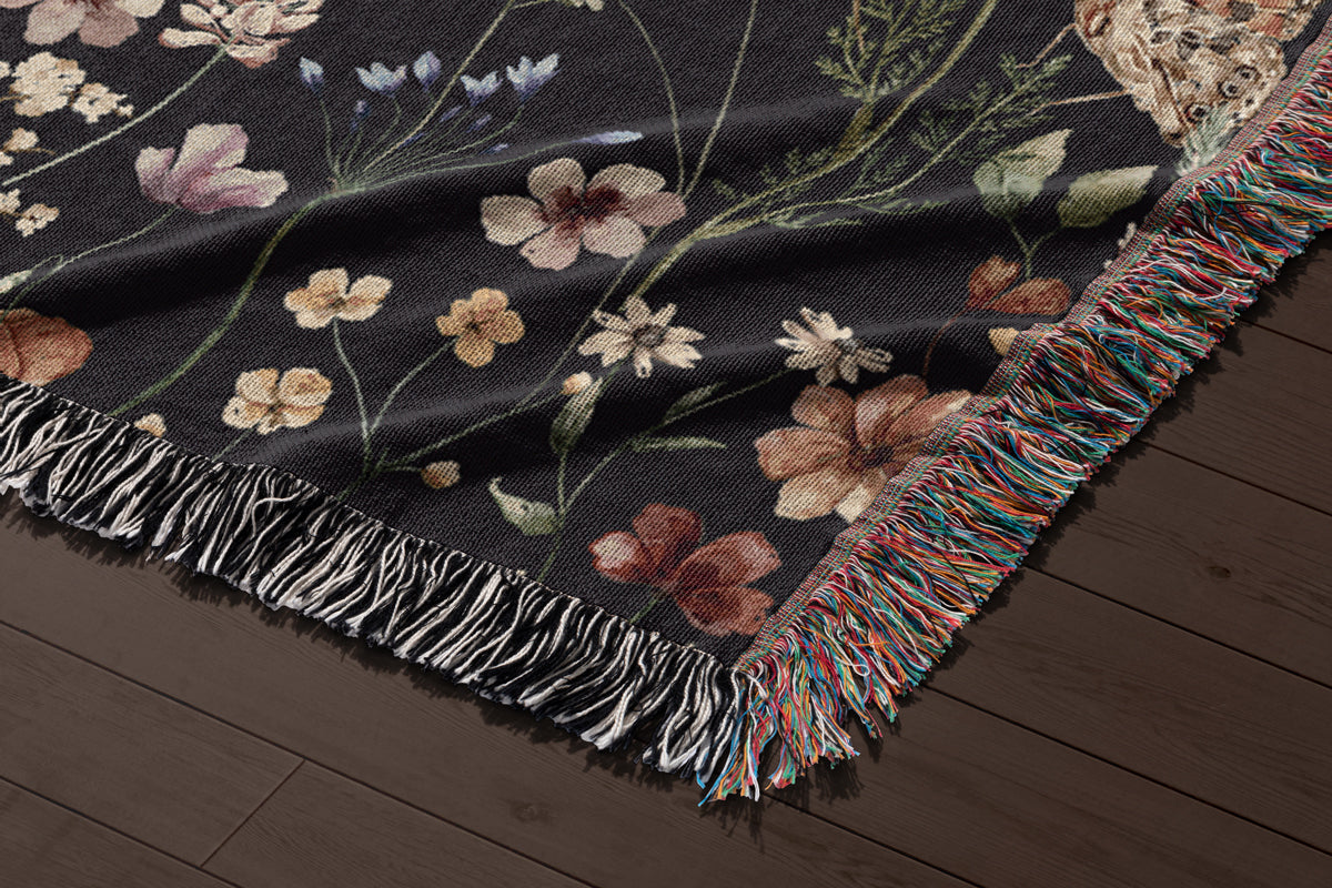 Cottagecore woven bedspread featuring flowers and butterflies