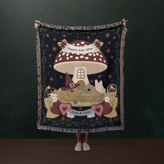 Personalized Anniversary Gift - The Frog Couple tapestry displayed with a personalized message.