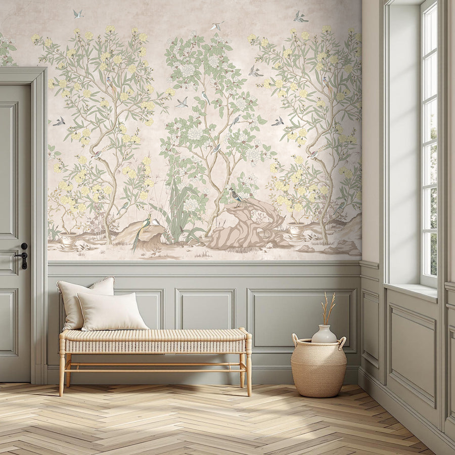 Chinoiserie Peel & Stick Wallpaper – Beige Botanical Toile with Birds & Blossoms