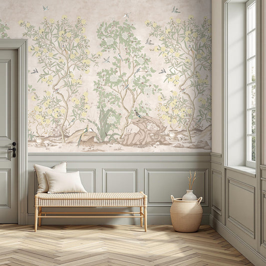 Chinoiserie Peel & Stick Wallpaper – Beige Botanical Toile with Birds & Blossoms