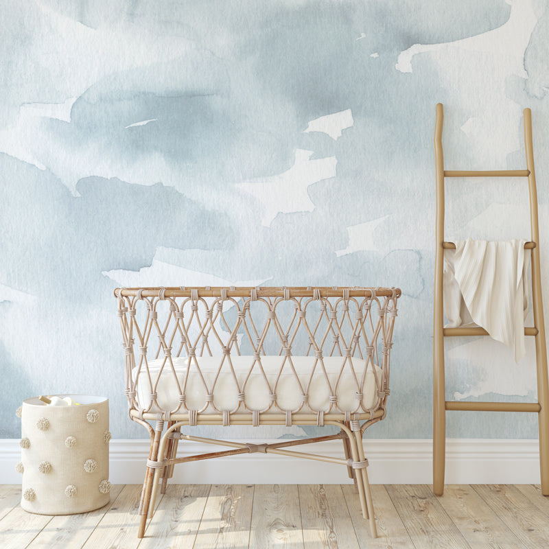 Blue Abstract Watercolor Peel and Stick Wallpaper – Boho Accent Wall for Nursery & Kids Room