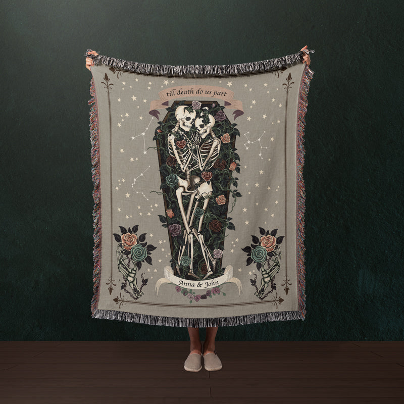 Gothic home decor blanket with skeleton couple design