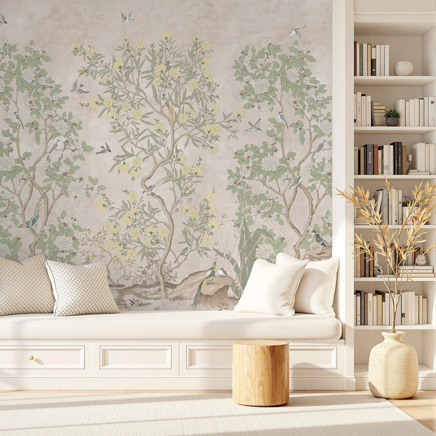 Chinoiserie Peel & Stick Wallpaper – Beige Botanical Toile with Birds & Blossoms