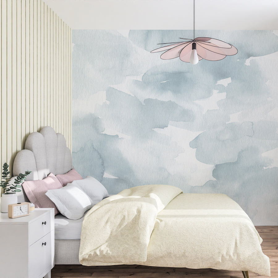 Blue Abstract Watercolor Peel and Stick Wallpaper – Boho Accent Wall for Nursery & Kids Room