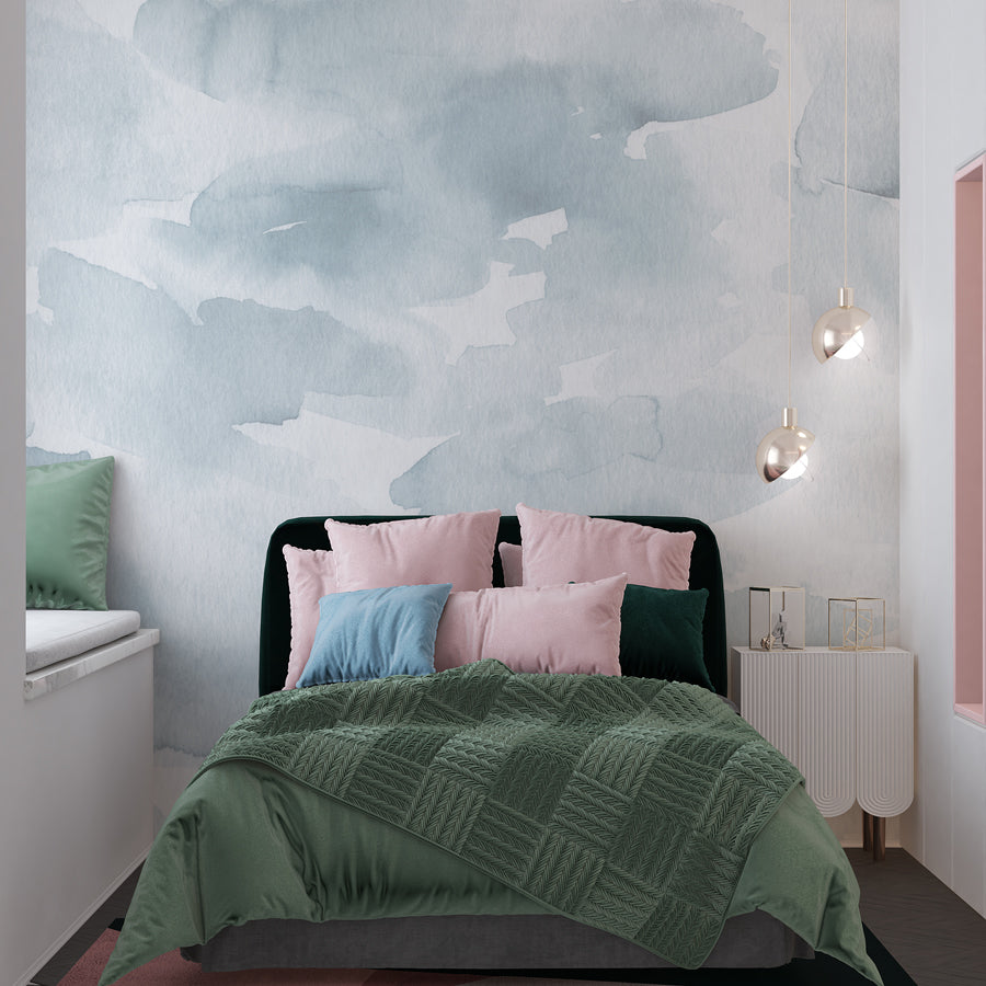 Blue Abstract Watercolor Peel and Stick Wallpaper – Boho Accent Wall for Nursery & Kids Room