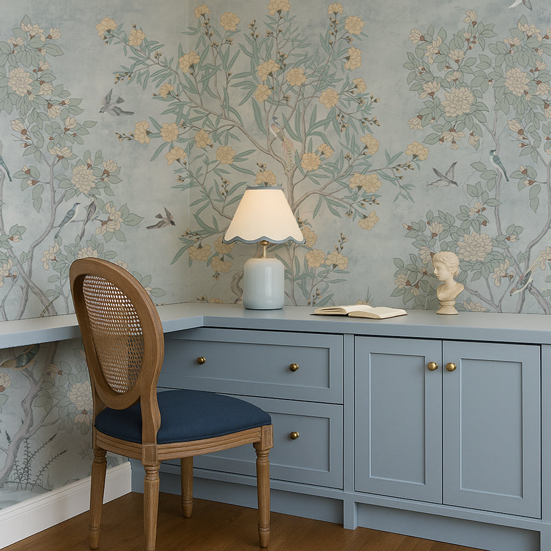 Chinoiserie Peel & Stick Wallpaper Mural – Duck Egg Blue Birds & Botanical Accent Wall