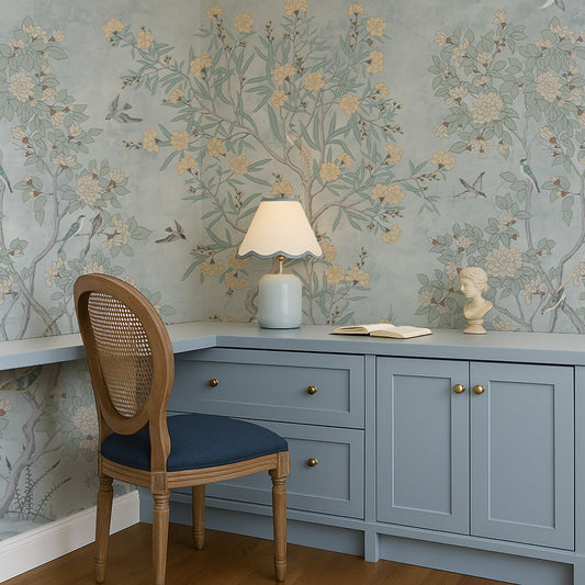Chinoiserie Peel & Stick Wallpaper Mural – Duck Egg Blue Birds & Botanical Accent Wall