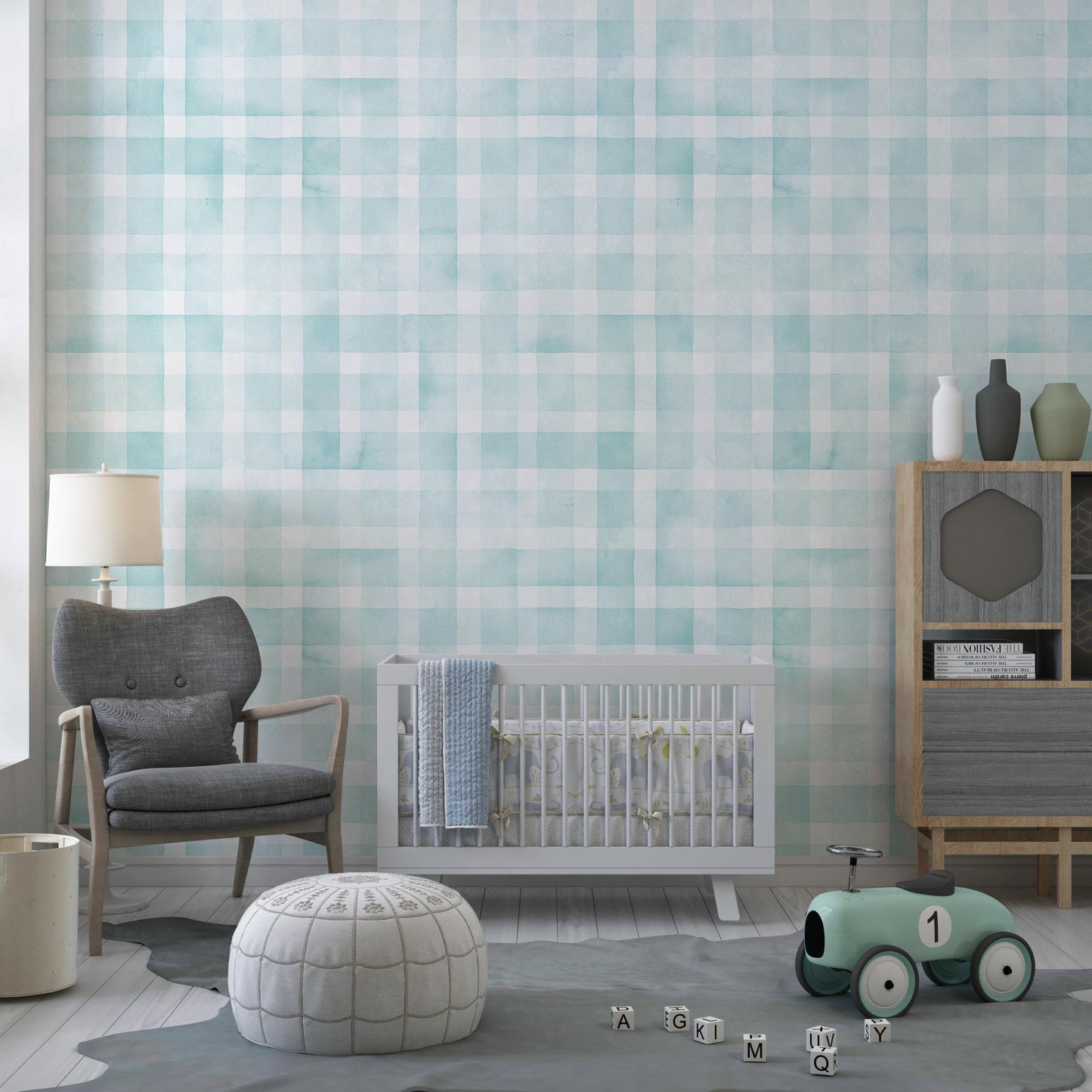 Light Blue Gingham Check Watercolor Peel and Stick Wallpaper for Kids Room and Nursery