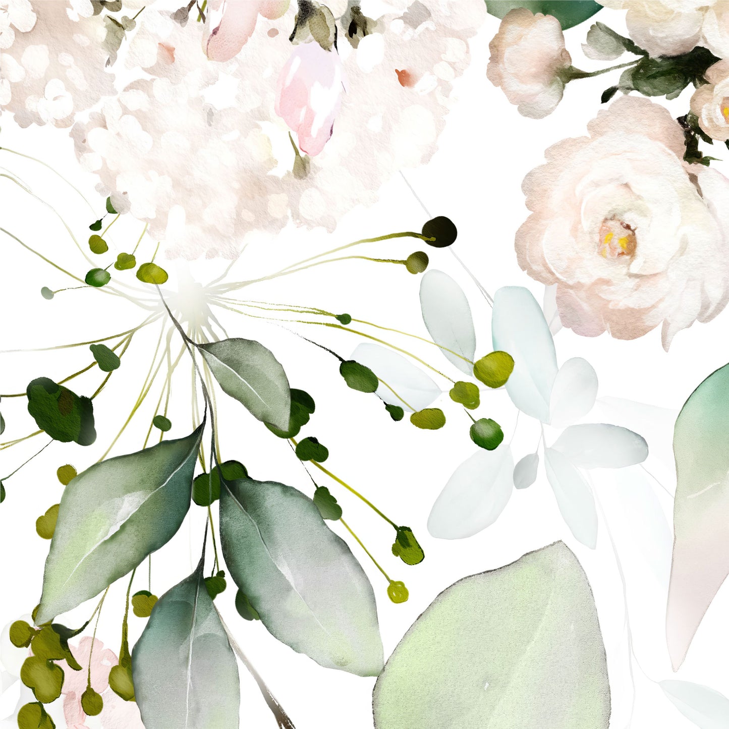 Exquisite watercolor botanical mural with sage green hues and delicately painted floral accents.