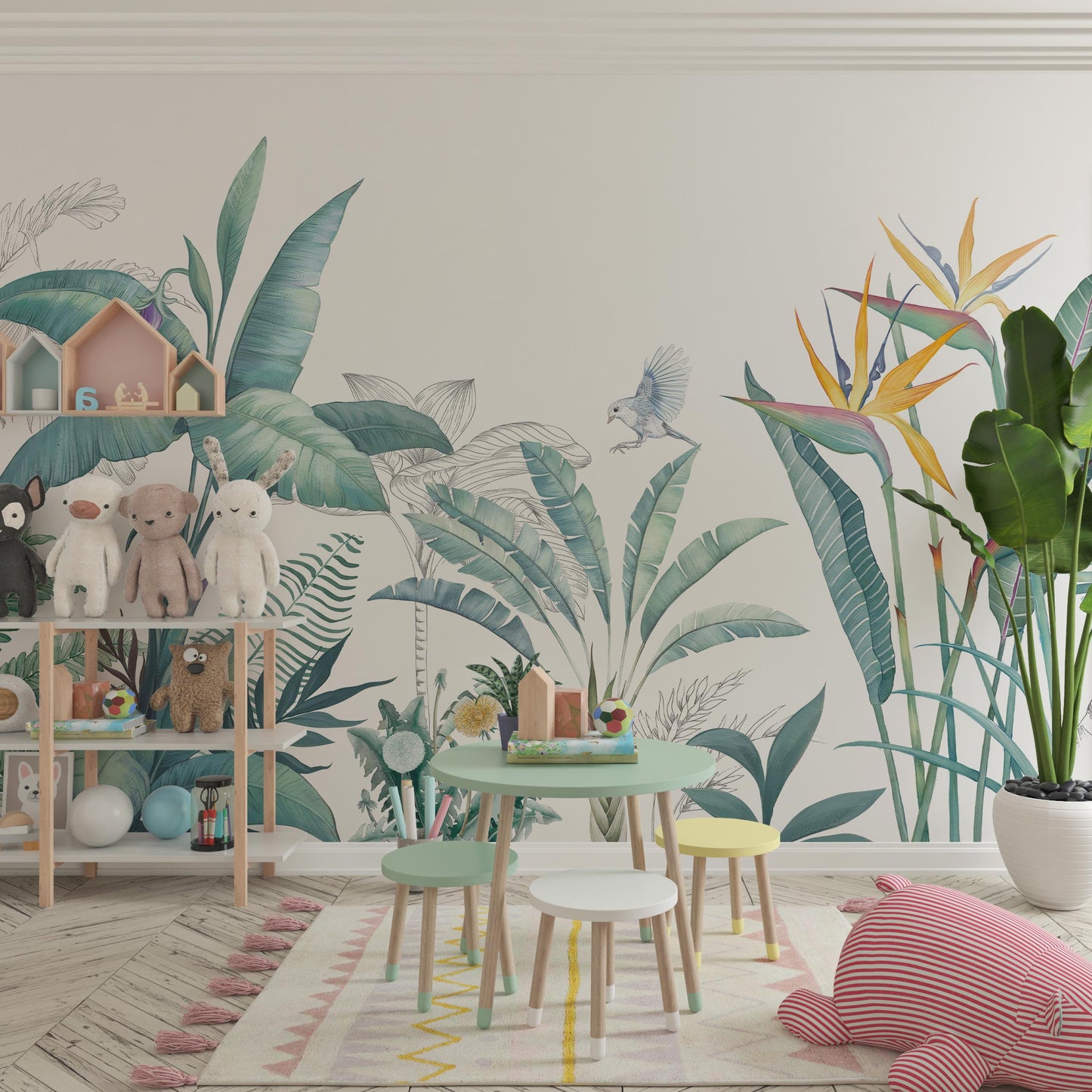 Colorful kids' room with pastel color furniture and accent wall with vintage botanical wallpaper that compliments the colors of the interior
