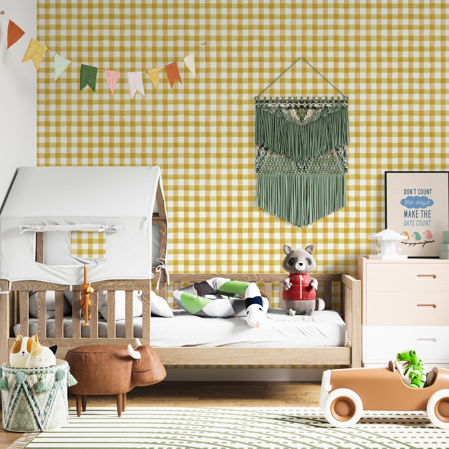 Transform Your Walls with Mustard Yellow Gingham Check Peel and Stick Wallpaper