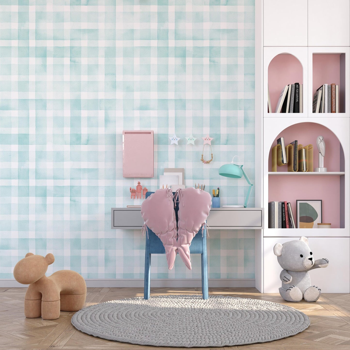Light Blue Gingham Check Watercolor Peel and Stick Wallpaper for Kids Room and Nursery