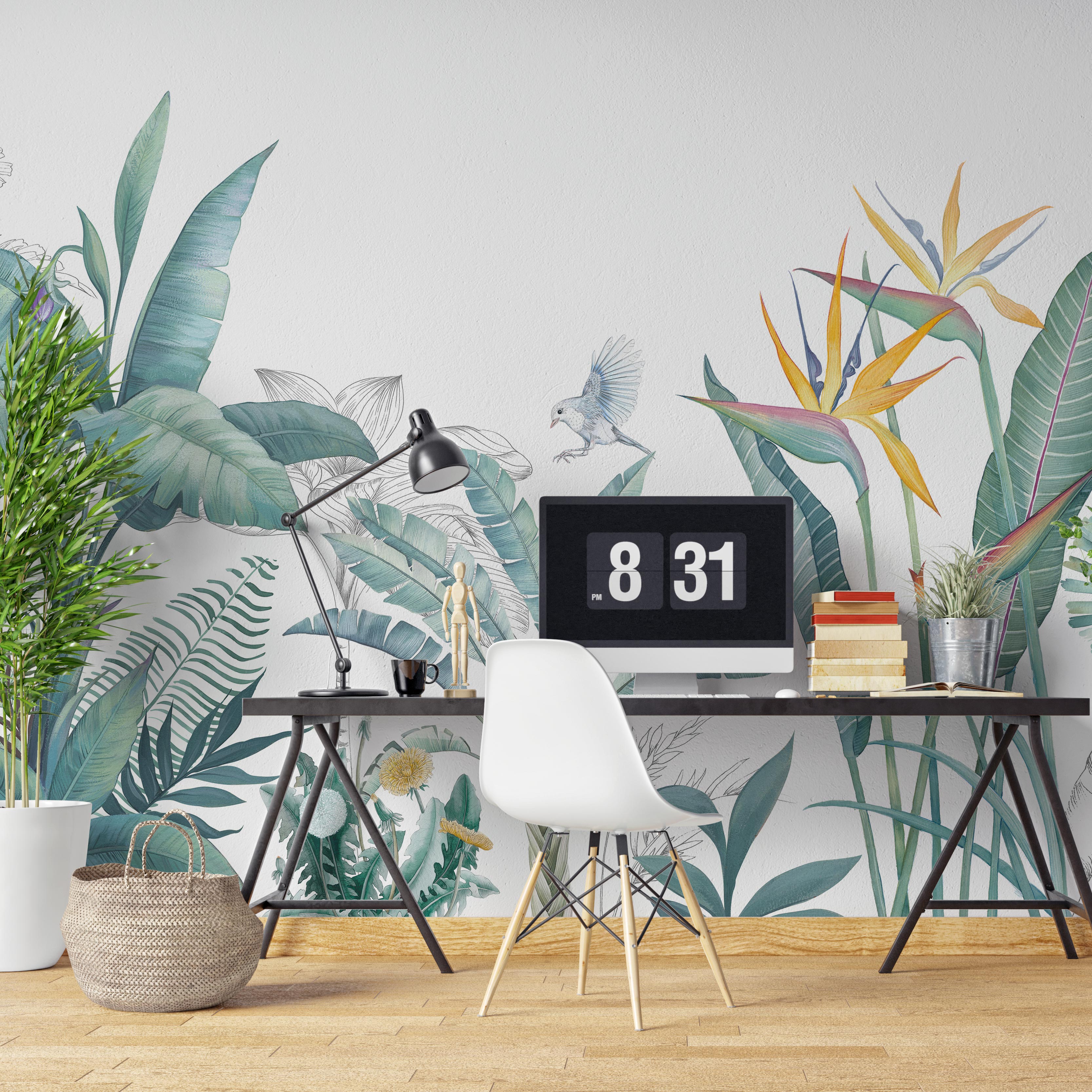 Minimalist home office with sage botanical wallpaper mural