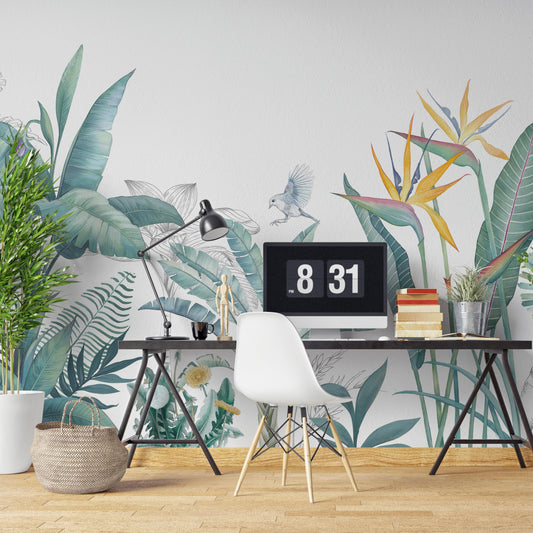 Minimalist home office with sage botanical wallpaper mural