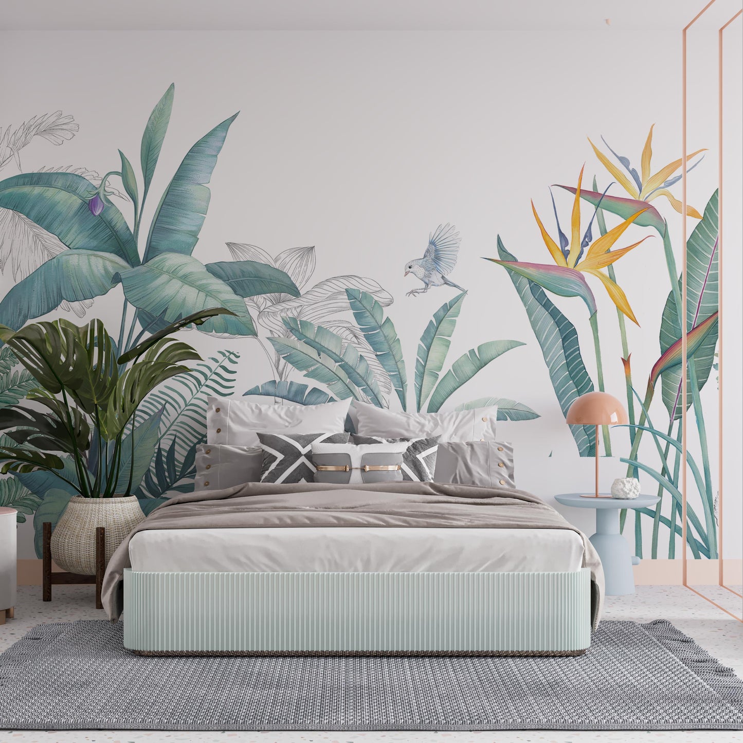 Pastel-colored bedroom with mid-century modern style and botanical wallpaper mural