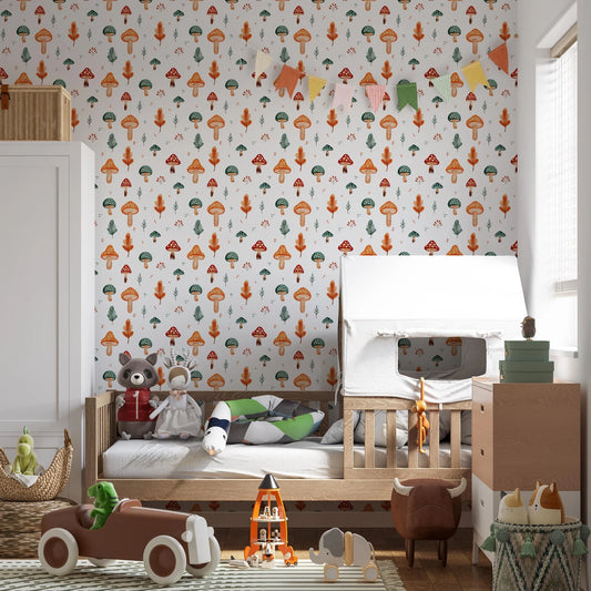 Transform your kids' room with playful mushroom wallpaper, creating a delightful and imaginative space