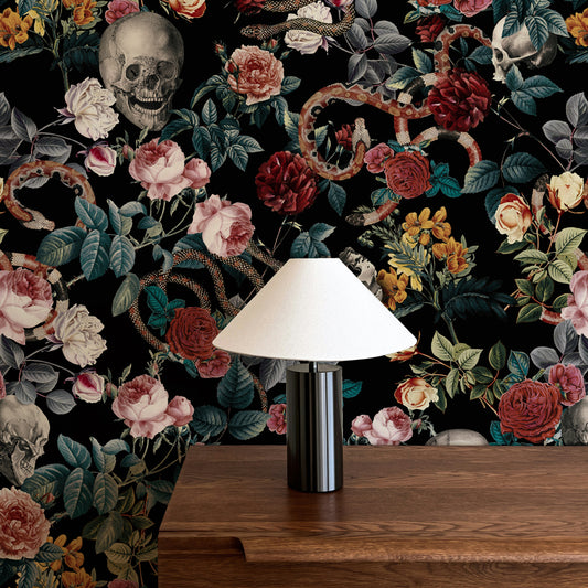 Dark Academia Peel & Stick Wallpaper, Gothic Floral with Skulls and Snakes