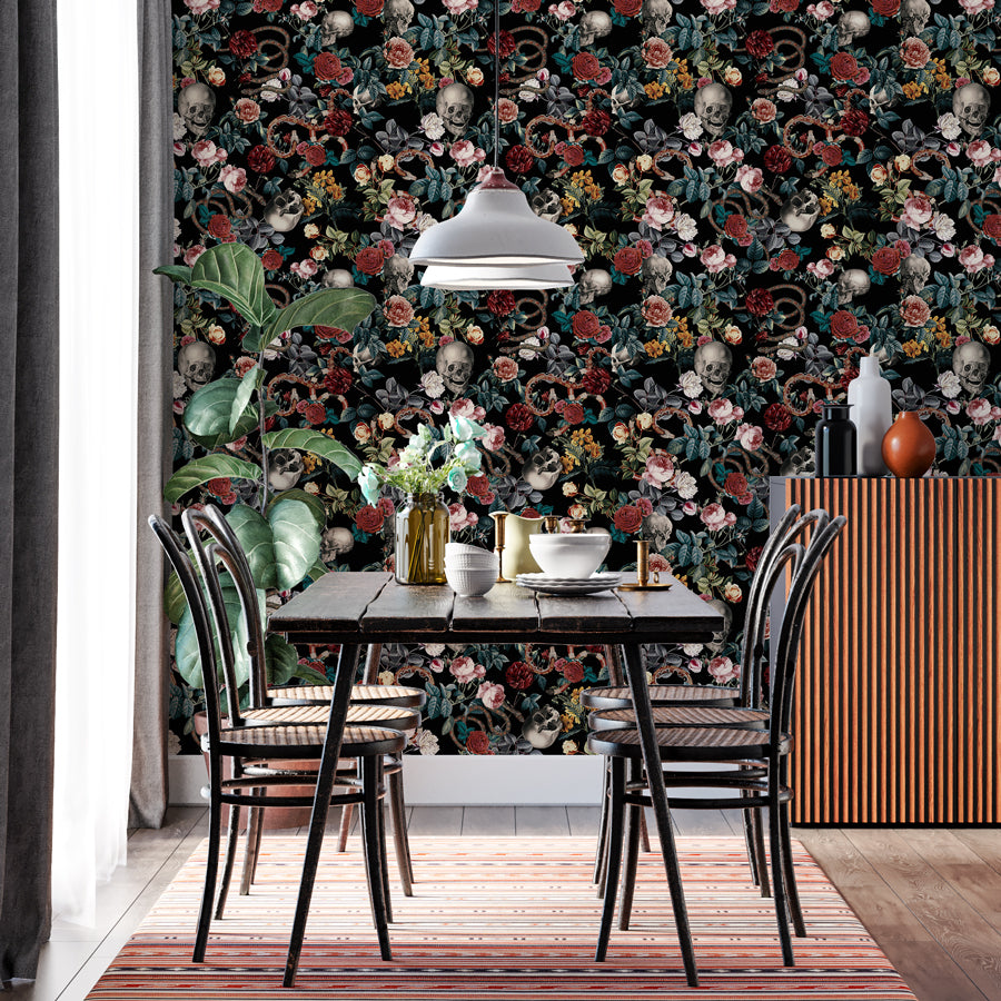 Dark Academia Peel & Stick Wallpaper, Gothic Floral with Skulls and Snakes