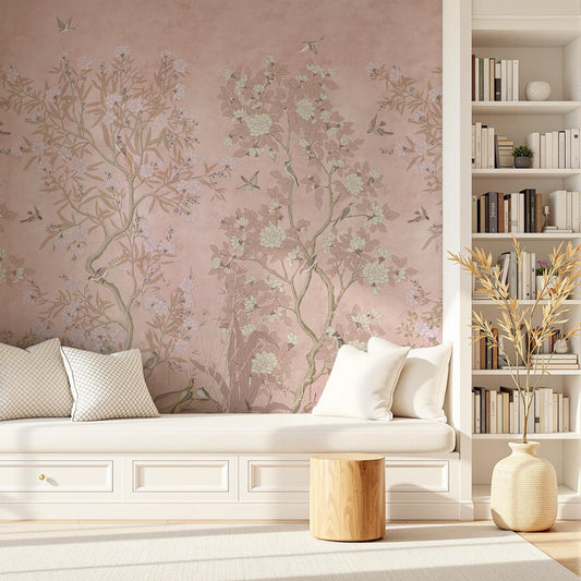 pink bird and blossom chinoiserie wallpaper mural