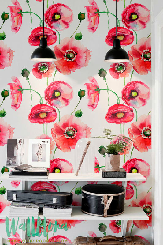 Red Watercolor Poppy Removable Wallpaper