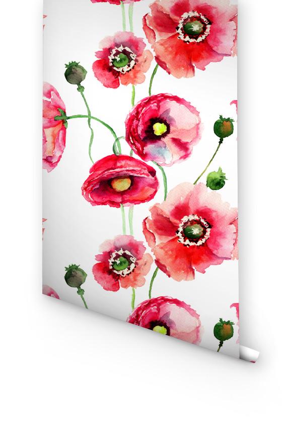 Red Watercolor Poppy Removable Wallpaper