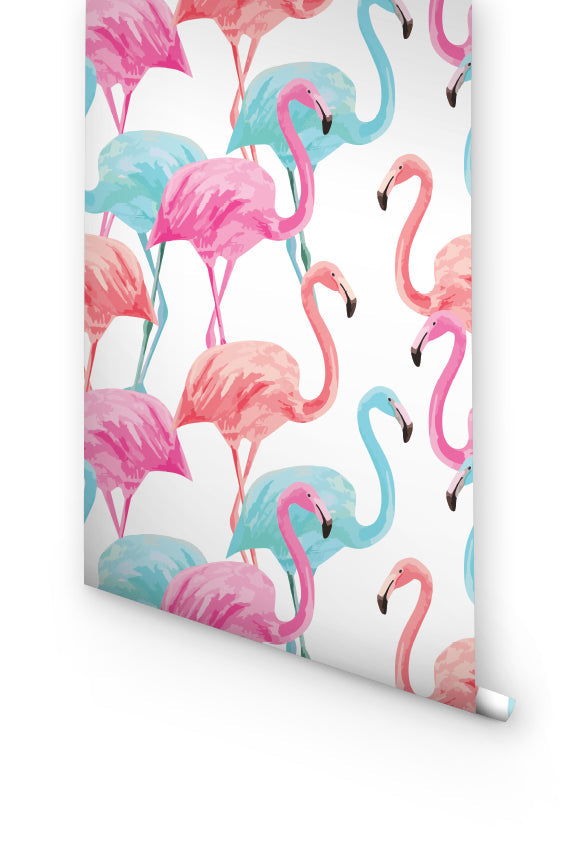 Pink And Blue Flamingo Removable Wallpaper