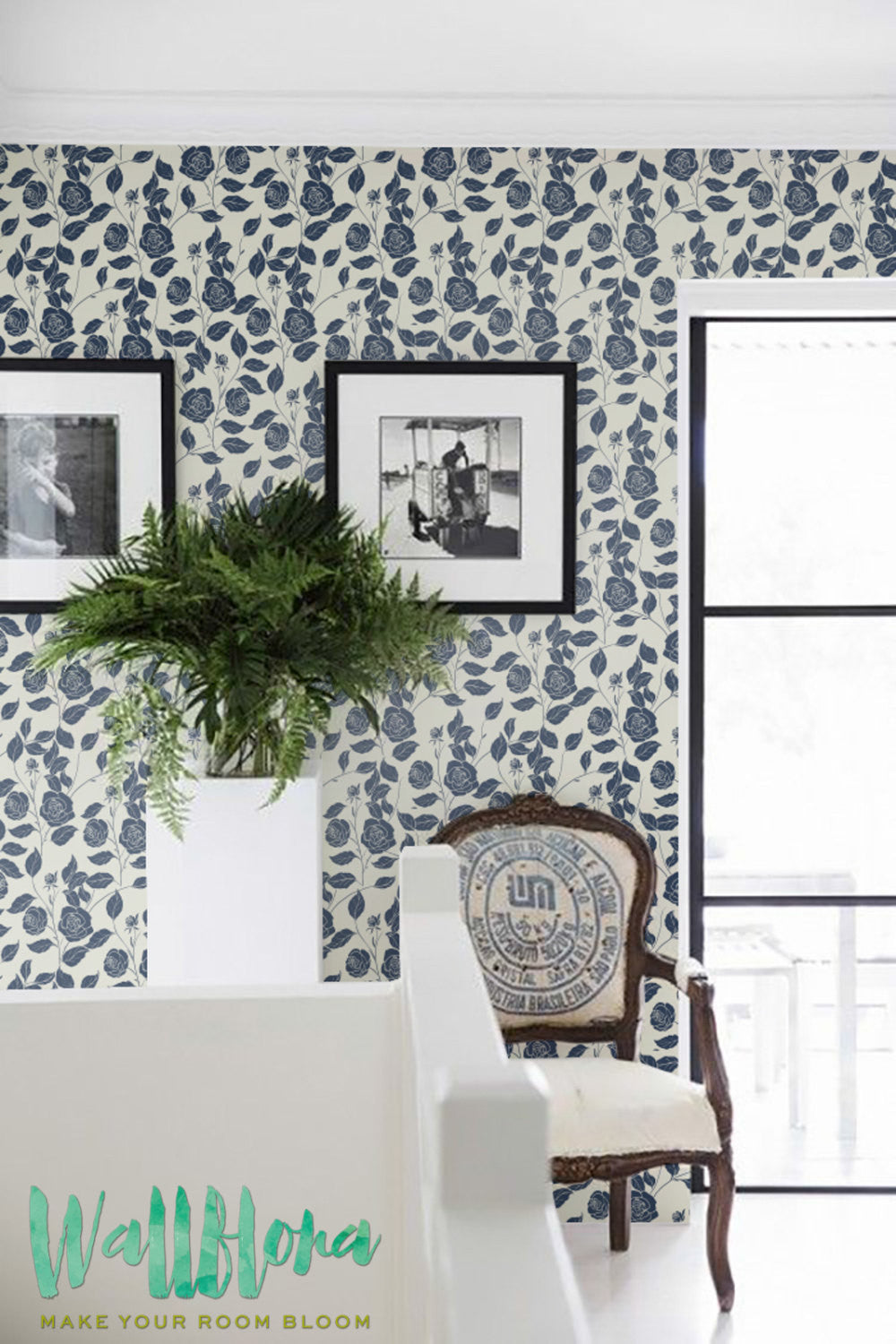 Blue Garden Roses Wallpaper For Living Room