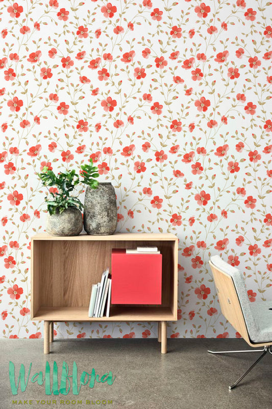 Red Floral Removable Wallpaper
